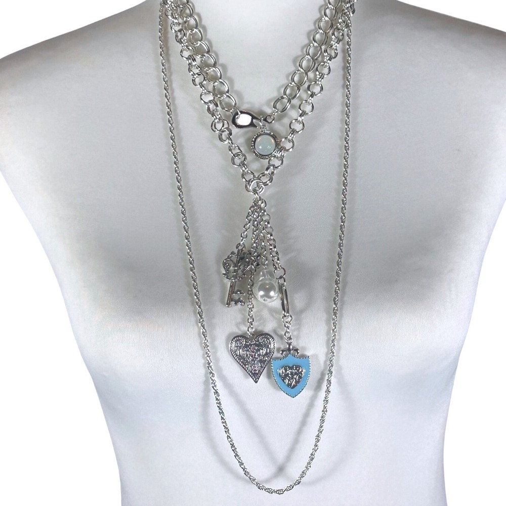 Free People Tate Necklace NWT Womens OS Silver Multi Charm Heart Key Blue Shield - Picture 2 of 7